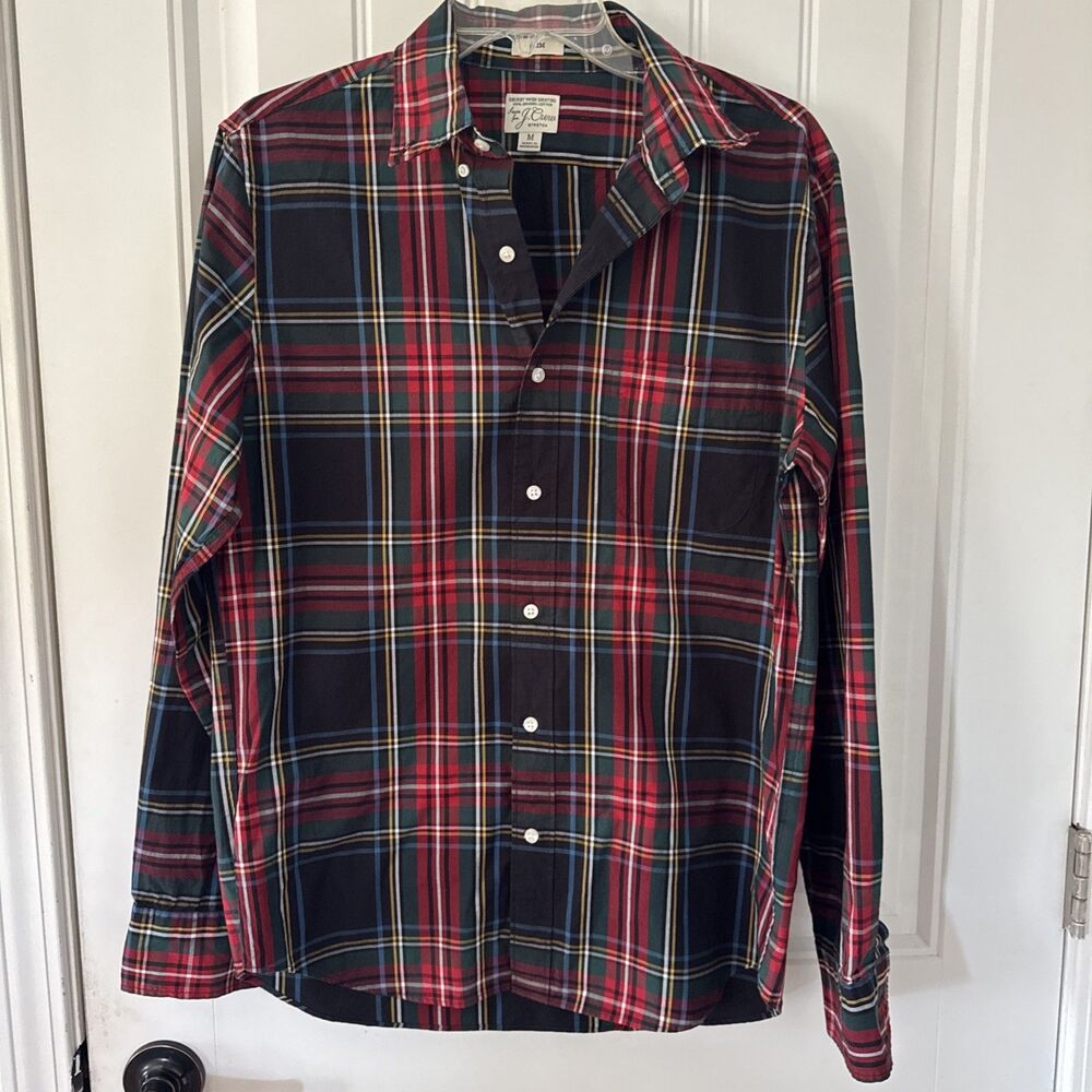 J Crew Holiday Tartan Shirt Mens Size M Organic Cotton Stretch Slim Plaid Xmas